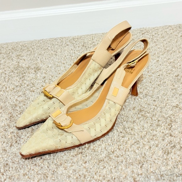 Cream Kitten Heels with Pointed Toe and Gold Buckle - Picture 6 of 8